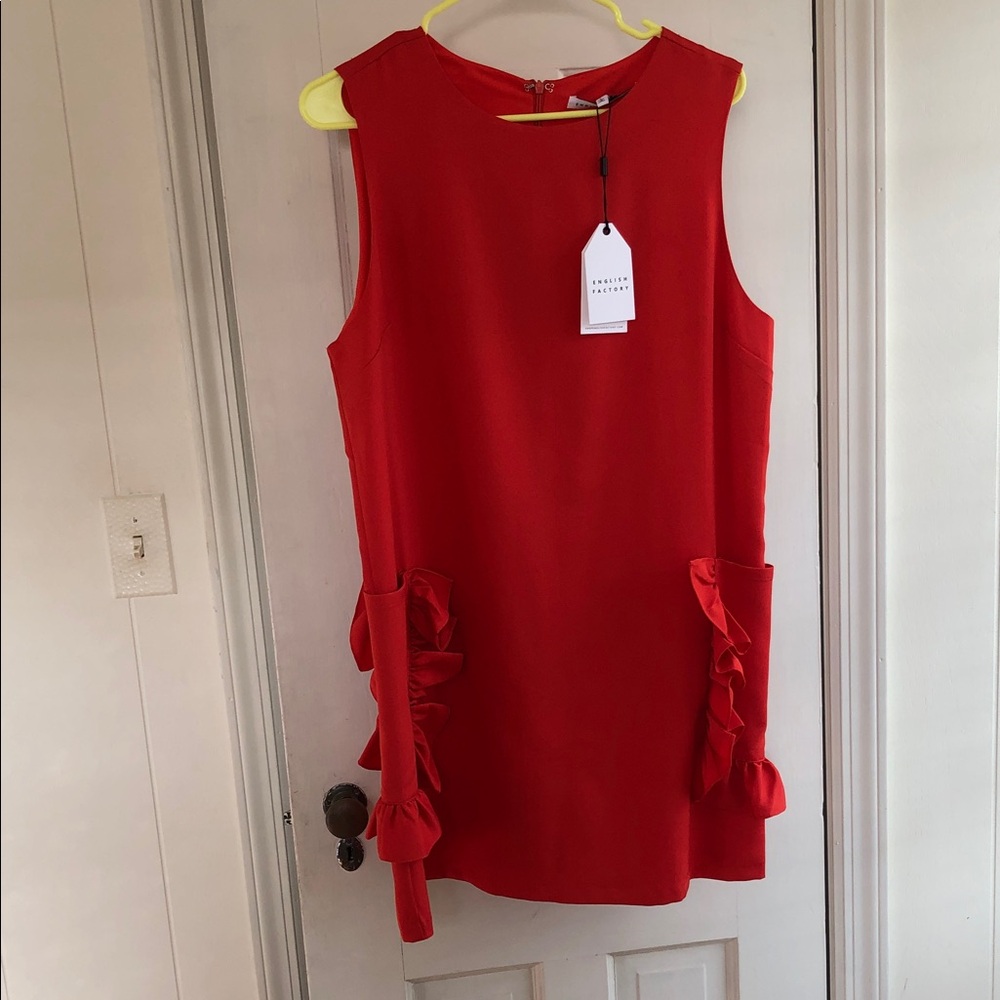 English Factory Red Sleeveless Shift Dress with Front Ruffle Pockets